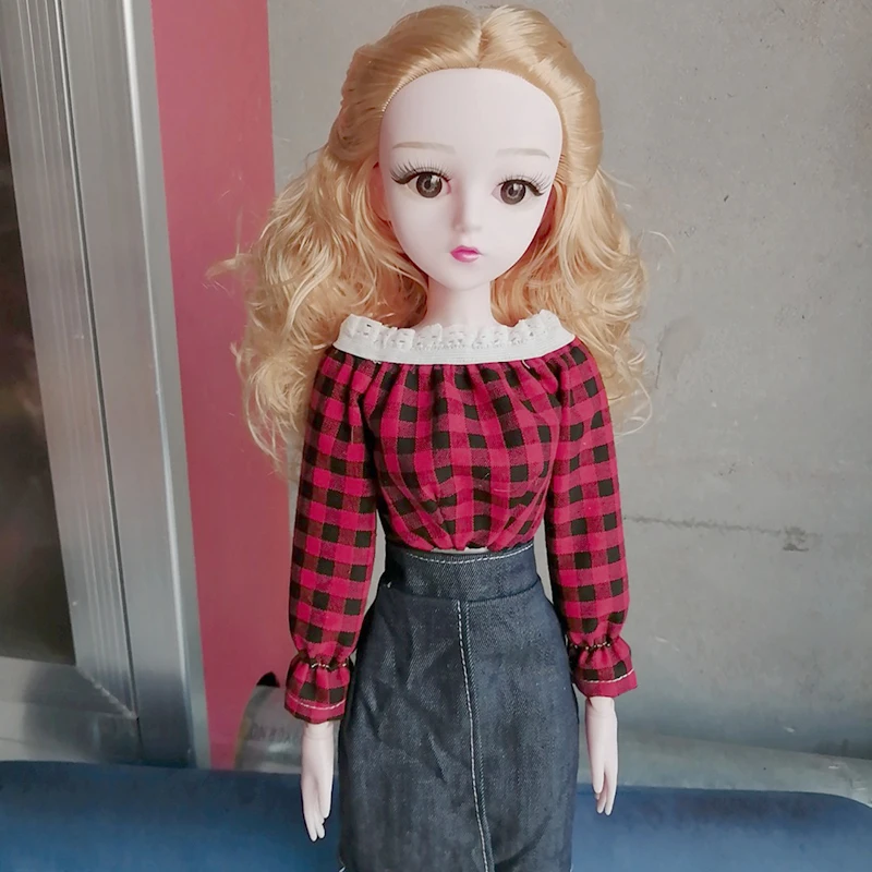 

Одежда для куклы BJD SD, 3 точки, 60 см, одежда для занятий спортом и отдыха, топ в красную и черную клетку, джинсовая юбка, джинсовые брюки