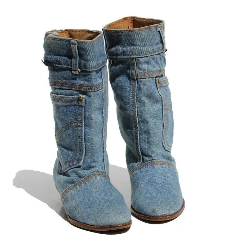 Ботинки женские на низком каблуке повседневные кожаные джинсовые сапоги до