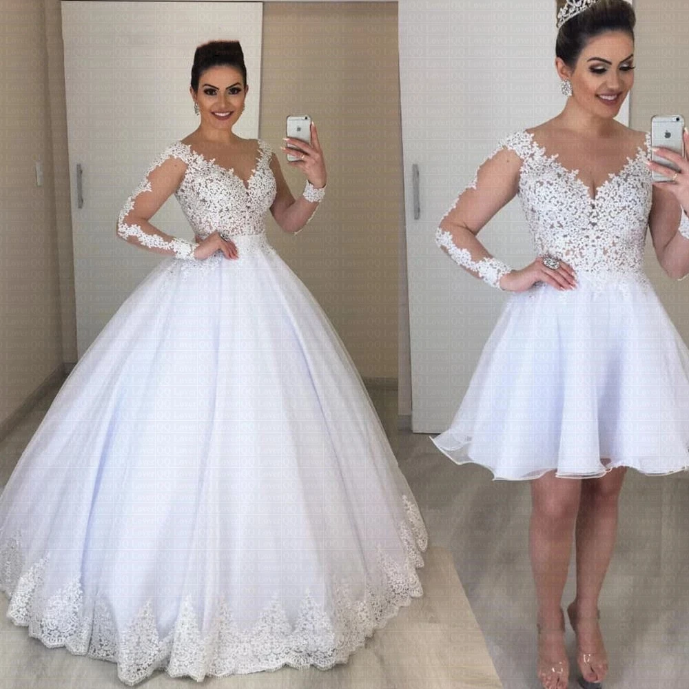 

Cheap Detachable Skirt Vestido Noiva With Long Sleeve 2 in 1 Wedding Dress 2021 Pearls Ball Bride Gowns Robe De Mariee