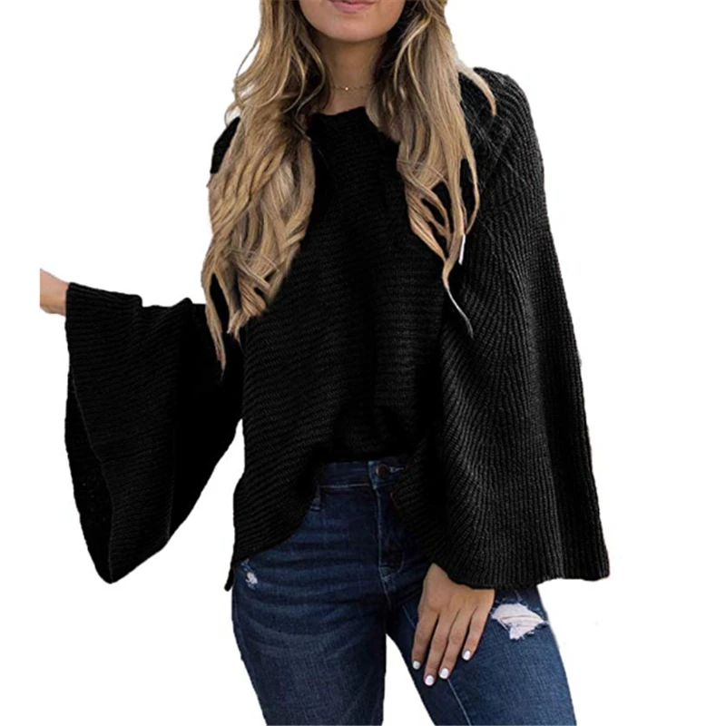 Women Solid Flare Sleeve Knitted Sweater Top 2020 Autumn Winter Fashion Female Pullover Sweaters Ladies Loose Casual Knitwear | Женская