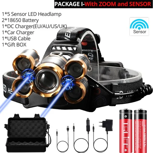 5LEDs With Sensor HoneyFly 7000 люмен, светодиодный налобный фонарь 5 светодиодный T6 Головной фонарь мощный фонарь, Светильник ИК-датчик 18650 батарея для кемпинга рыбалки - Испускаемый цвет: 5LEDs With Sensor