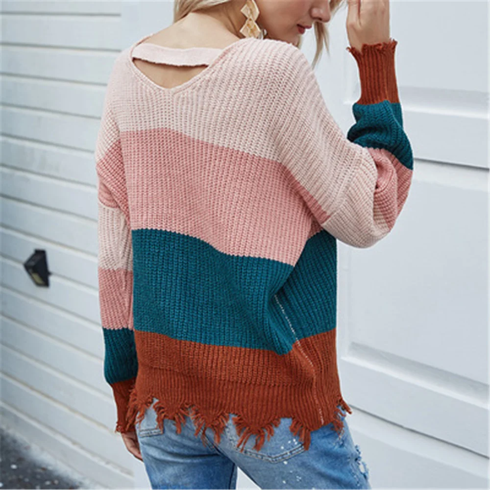

Autumn Winter V Neck Sweater Women 2021 New Pullover Knitted Long Sleeve Fashion Clothes Striped Streetwear Sweaters Y234