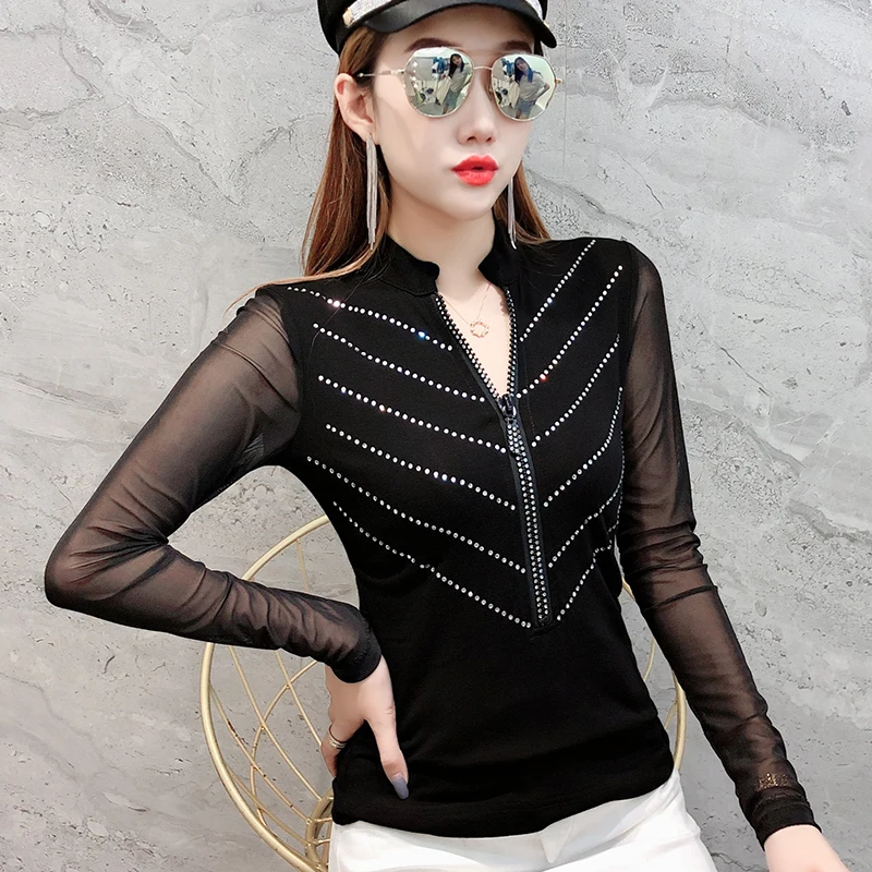 Рубашки вышитые бисером на молнии 2019 pring осень зима женская футболка Стразы