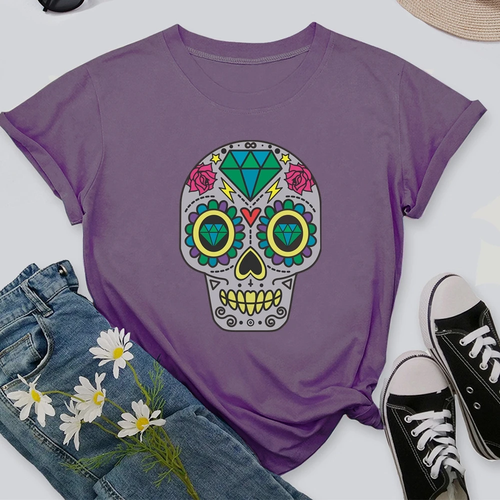 

Skull Print ladies T-shirt ladies casual basis O-collar white shirt short sleeve ladies T-shirt XK00171