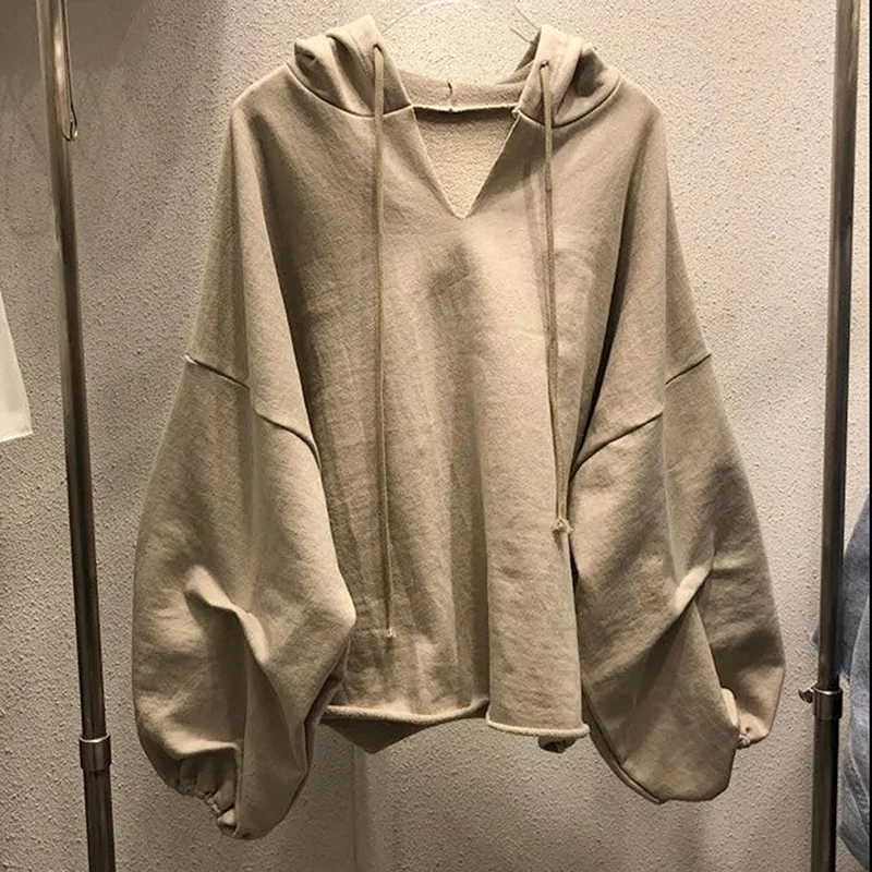 

Casual Hoodies Sweatshirt Solid Color V-Neck Women Clothing Autumn Lady Tops Women Lantern Sleeve Oversize Hoodies