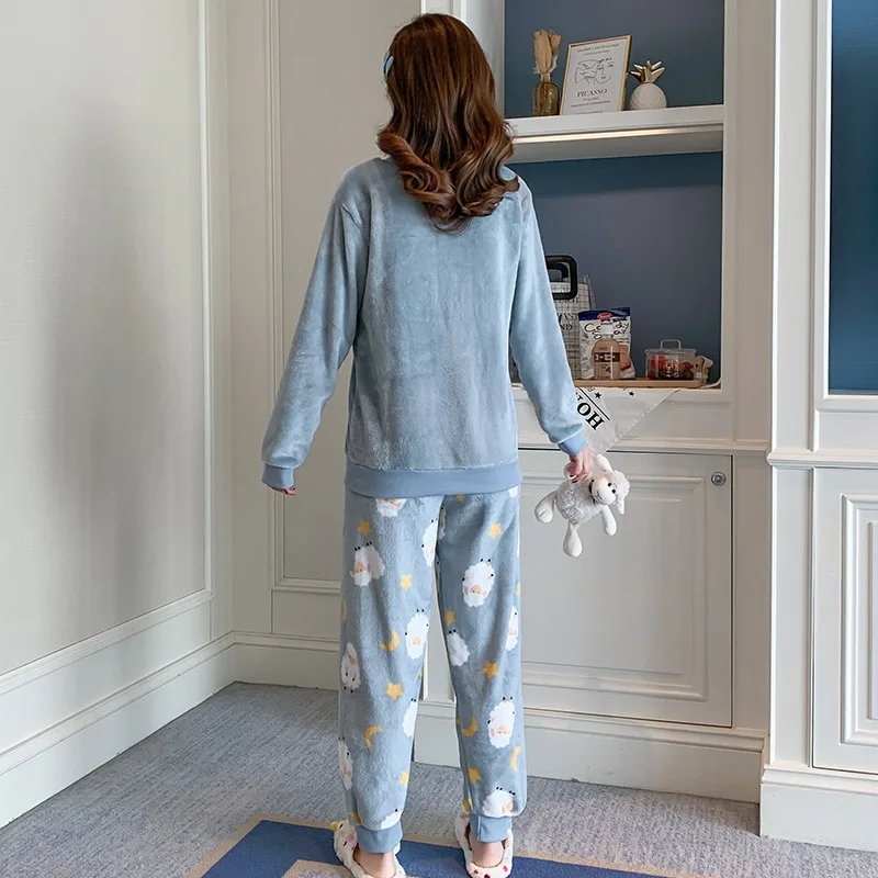 

2021 Spring Winter Warm Female Pyjamas Sets Thick Coral Velvet Long Sleeve Cartoon Sleepwear Thin Women Pajamas Set Girl