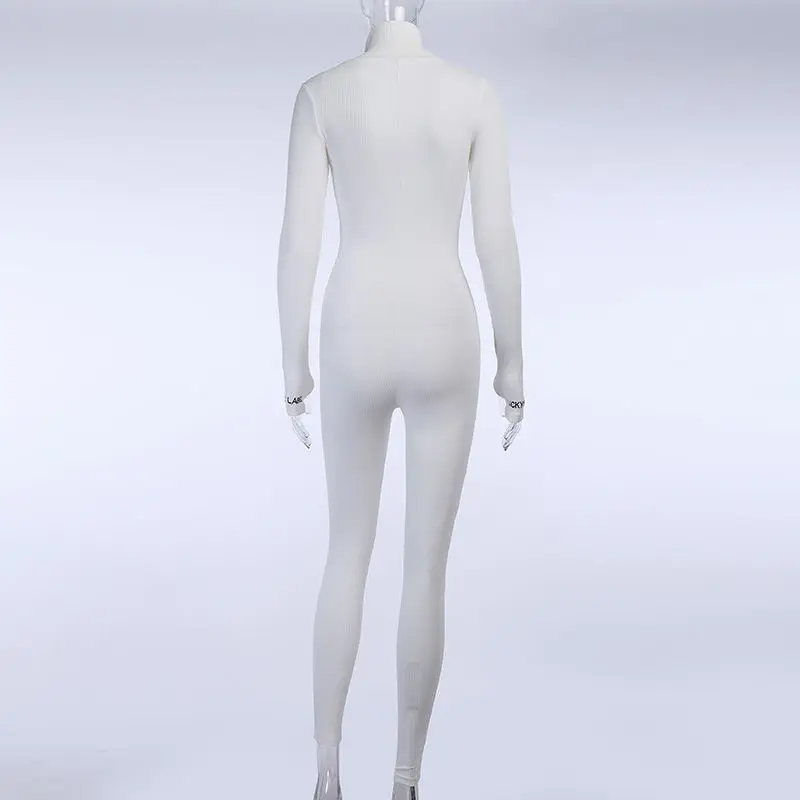 

solid turtleneck full sleeve jumpsuits 2019 autumn winter women fitness slim rompers zipper long bodysuit skinny jogger