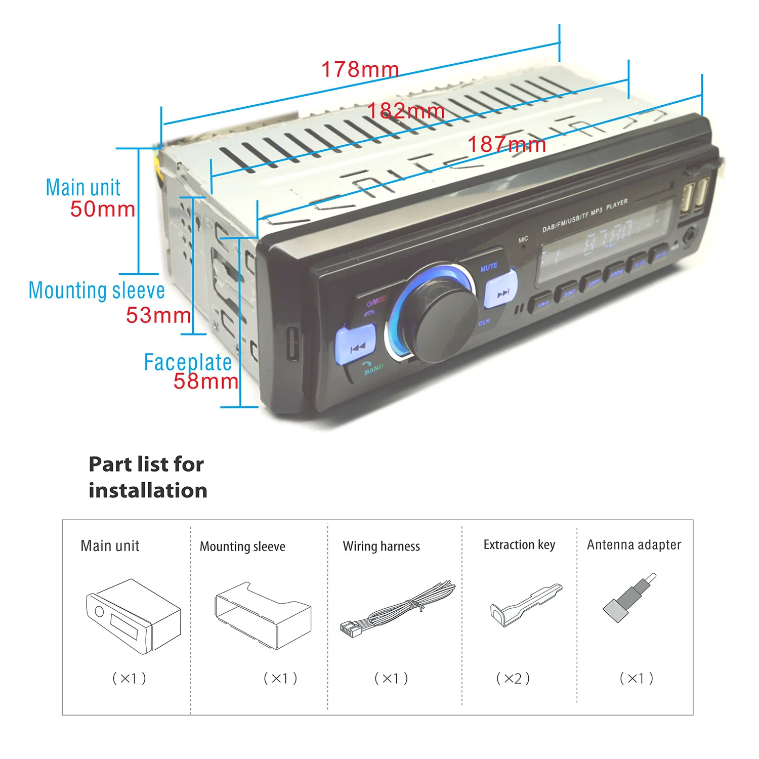 Автомагнитола 1 din стереомагнитола с FM-радио Aux-выходом DAB/DAB +/FM-приемник USB 12 В