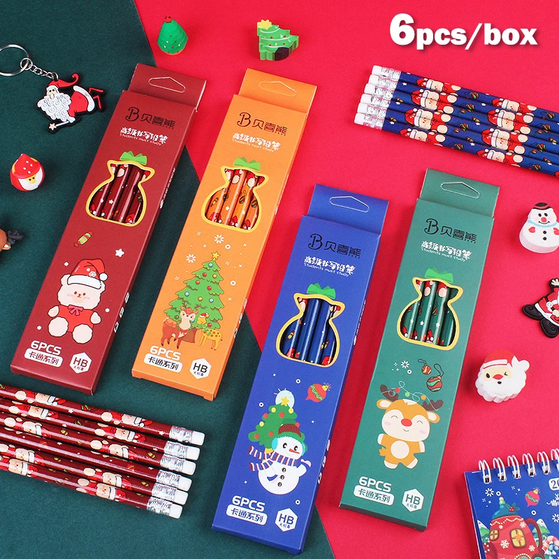 

6pcs Wooden HB With Rubber Pencil Christmas Boxed Pencils Student Writing Drawing Sketch Pen Set Stationery School Supplies