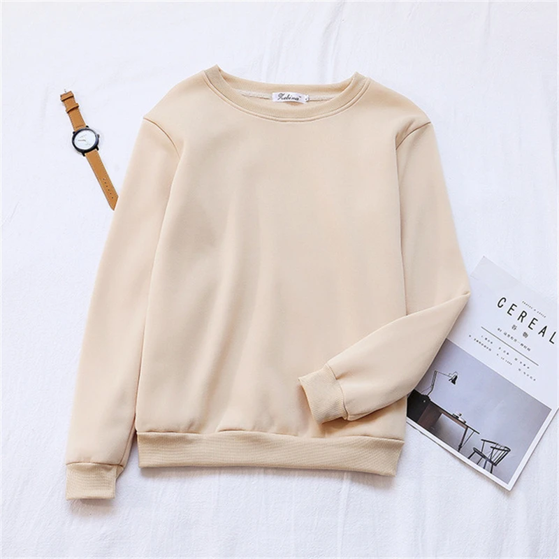 

Woman Solid Color O-Neck Sweatshirt Casual Loose Fit Hoodie Harajuku Aesthetic Streetwear Velvet Pullover White Tops Korean Pop