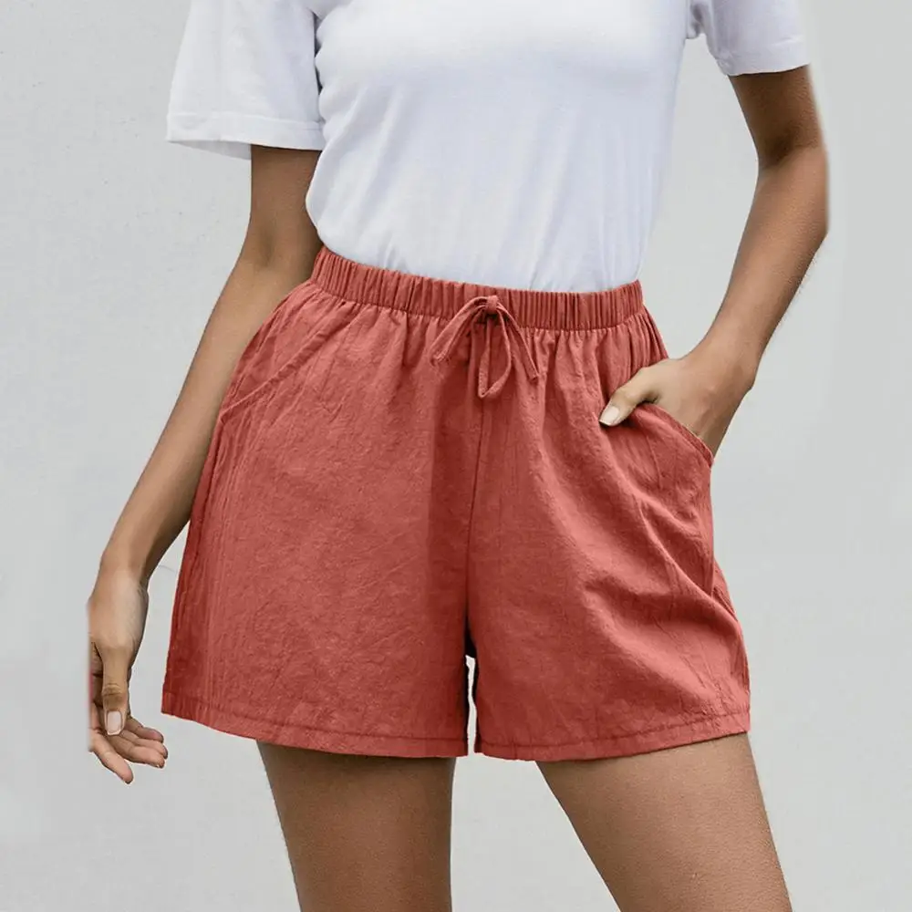 

Summer Casual Cotton Linen Shorts Women Solid Color High Waist Drawstring Pockets Wide Leg Shorts Minipants