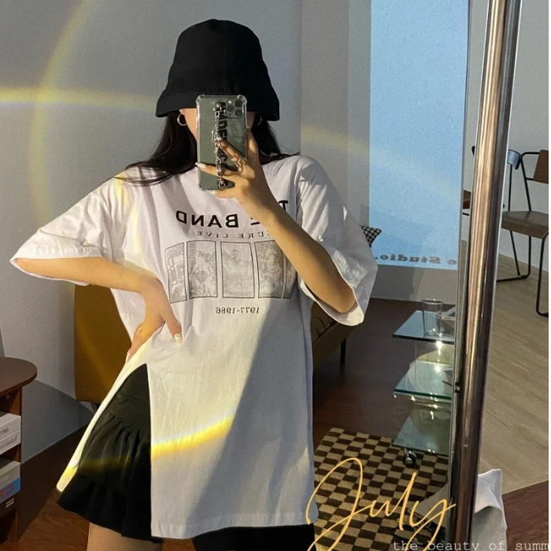 

Summer Women's Clothing Trend Street Style Sister Irregular Split Casual White Tops Printing Letters Round Neck Loose T-Shirts