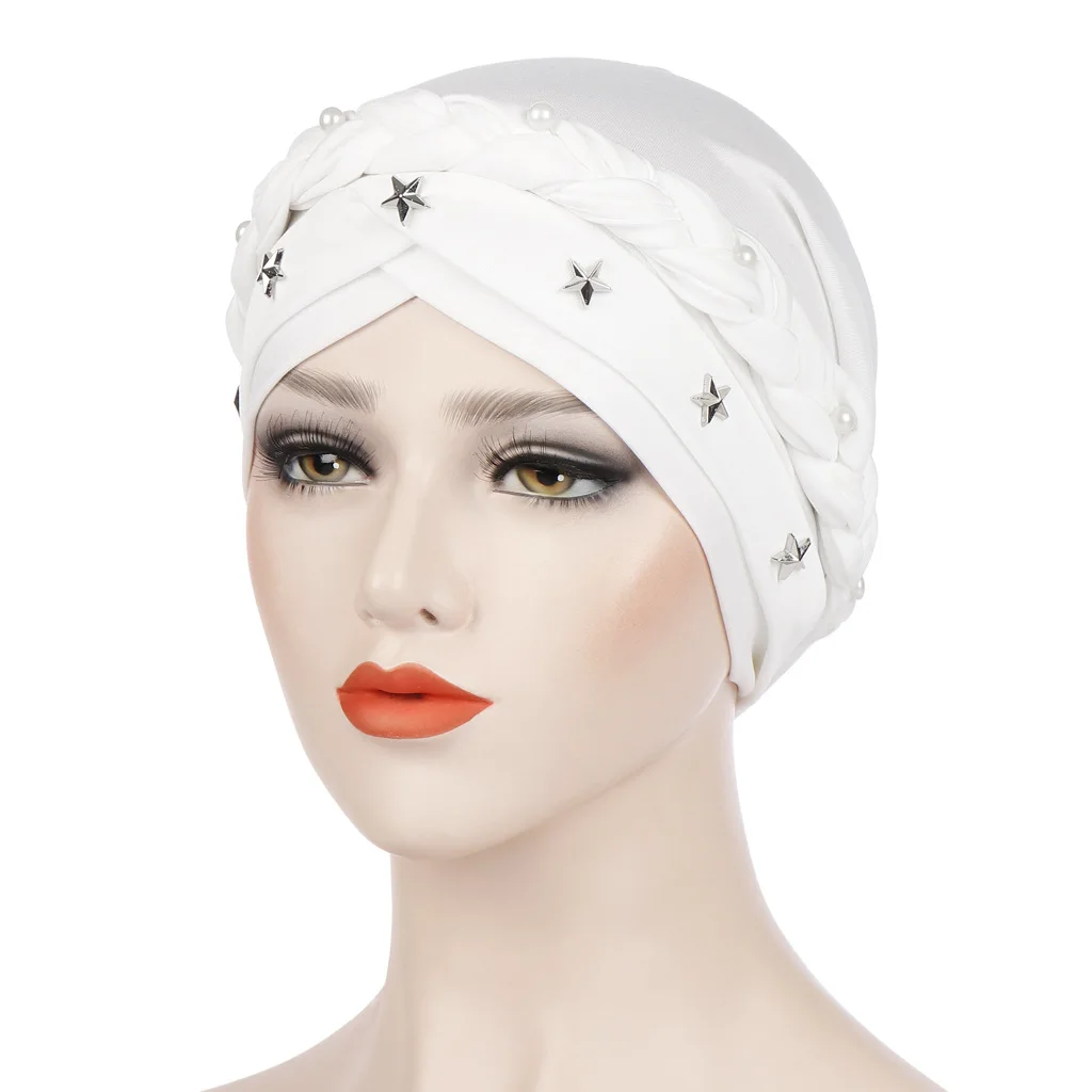 

Braided headband hat new five pointed star nail bead single pearl braided hat milk silk headband hat
