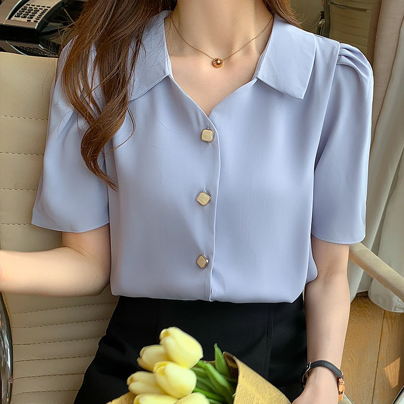 

2022 Summer Puff Short Sleeve Blouses Elegant Office Lady Chiffon Tops Turn-Down Collar Loose Blouse Shirt Women Blusas Mujer