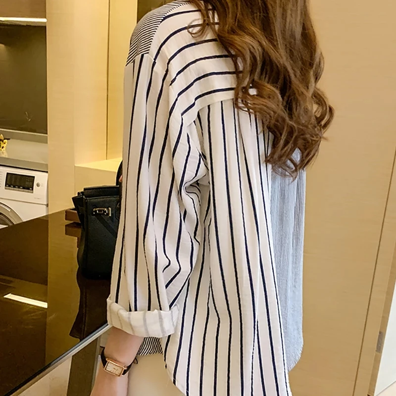 GGRIGHT 2021 Striped Casual Pockets Long Sleeve Shirt Women Cotton Blouse Ladies Clothes Button Womens Tops Chemisier Femme | Женская