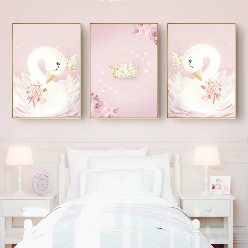 

Baby Girl Nursery Wall Art Christmas Canvas Painting Pink Swan Cartoon Posters Bedroom Deco Nordic Kids Home Decoration Children