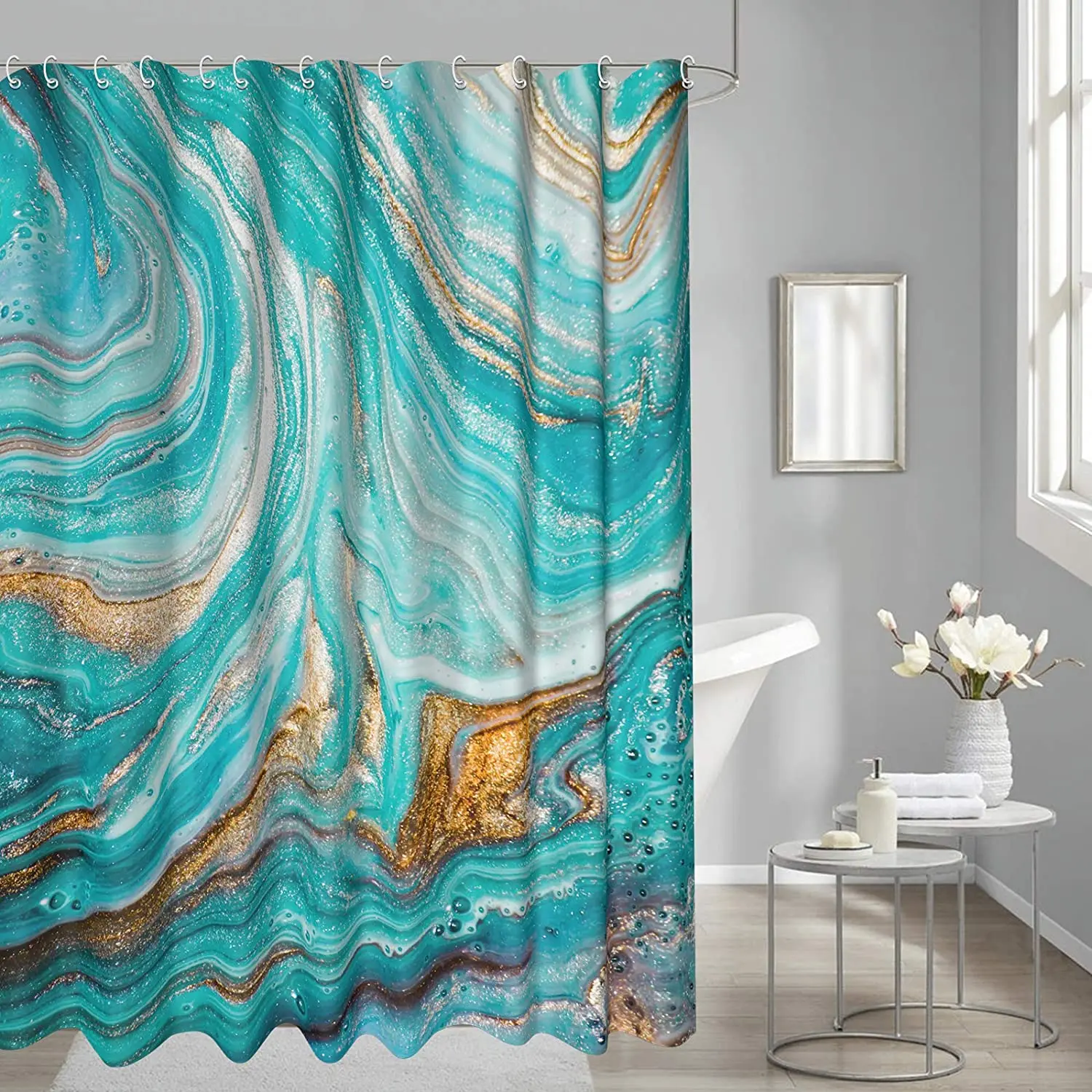 

Turquoise Marble Shower Curtain for Bathroom Ocean Teal Gold Abstract Luxury Art Texture Bathroom Curtain Fabric Home Decor