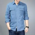 Мужская джинсовая рубашка с длинным рукавом, голубая Однотонная рубашка из денима, в винтажном стиле ретро, весна-осень