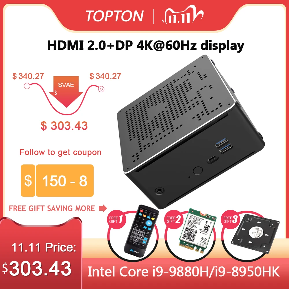 Topton новый Intel мини ПК Core i5 i7 i9 9880H 2 Lans Windows 10 * DDR4 64 Гб NVME M.2 микро Мини компьютер 4K HTPC DP