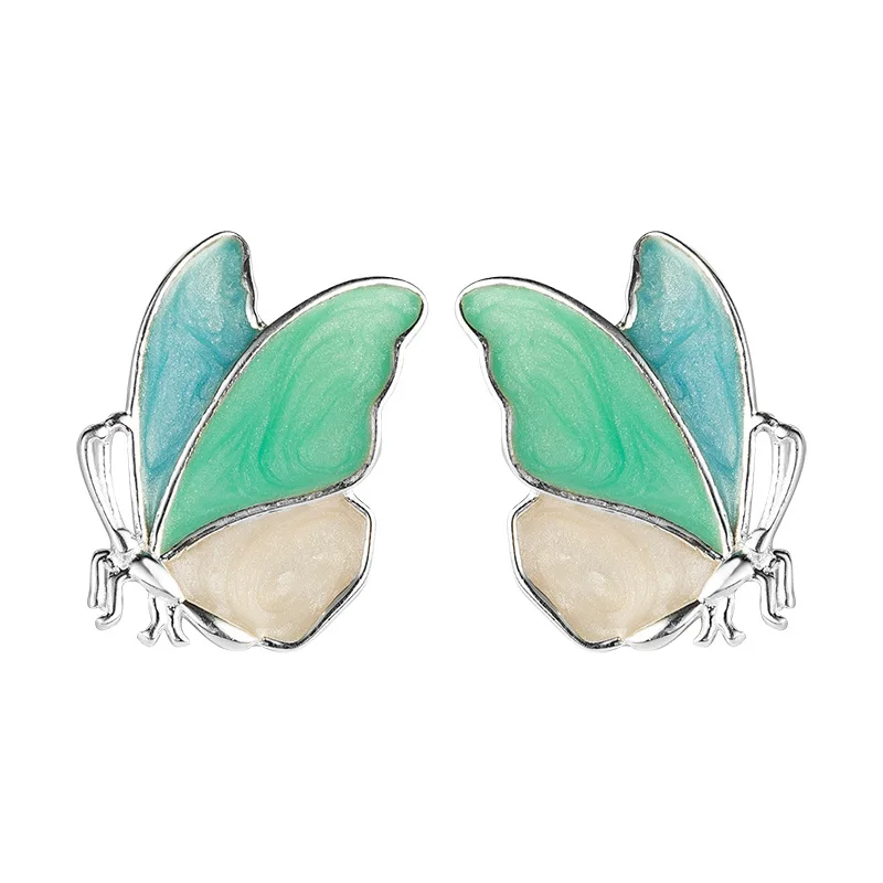 

925 Sterling Silver Enamel Butterfly Stud Earrings For Women Chinese National Style Lady Handmade Jewelry Flyleaf