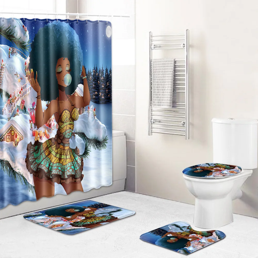 Набор из 4 ковриков для ванной комнаты Zeegle Рождественская занавеска нескользящий