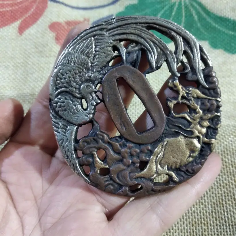 

Vintage Sword Tsuba Fitting Accessory Phoenix For Japanese Samurai Katana Tanto Blade Pure Copper