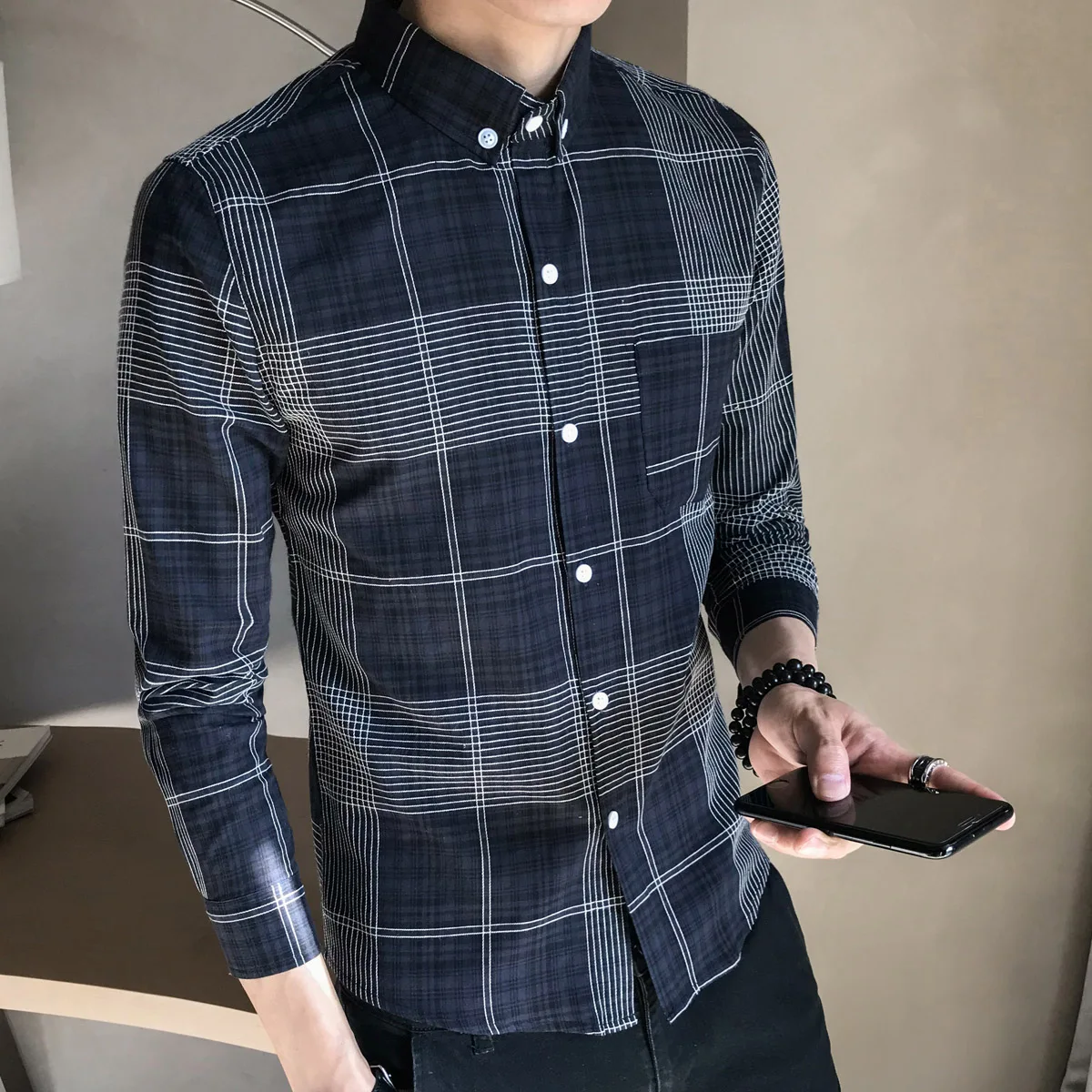 

Loldeal Long Sleeve Shirt Men Slim Fit Striped Comfortable Polyester Buttons