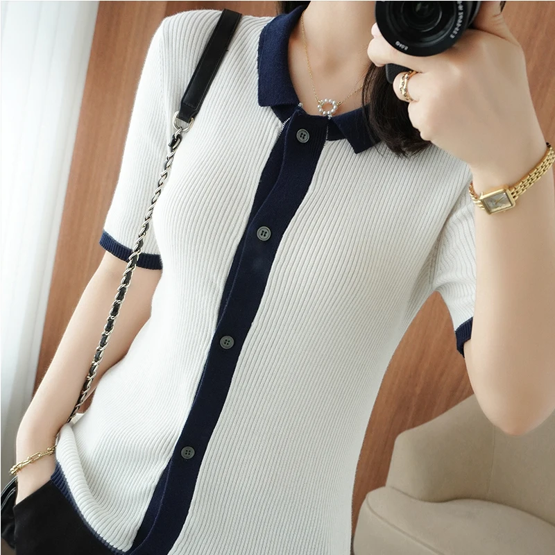 

Ladies T-shirt 2021 summer new pure cotton knitted T-shirt casual lapel women's top stitching short-sleeved plus size tees hot