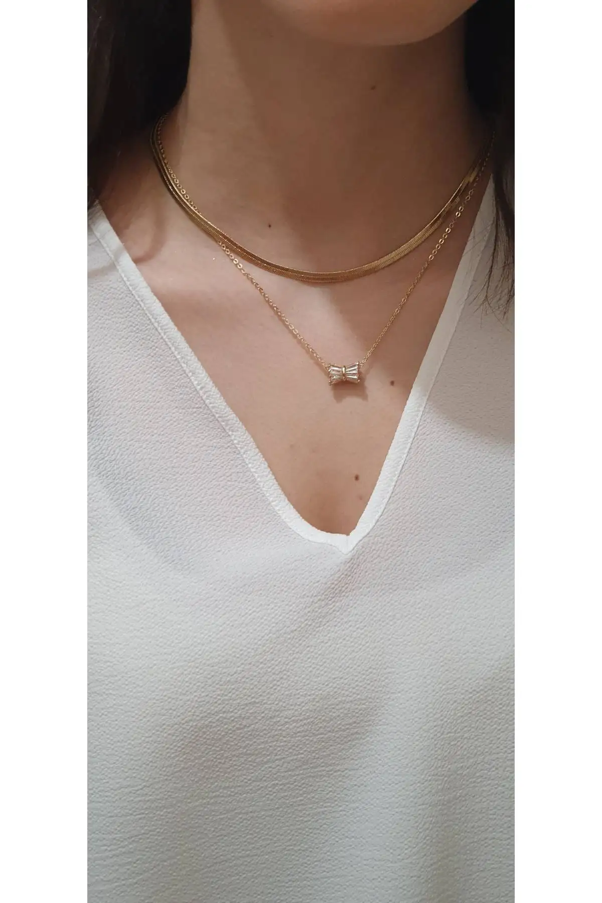 

Dual Italian Flat Chain Bow Pendant Gold