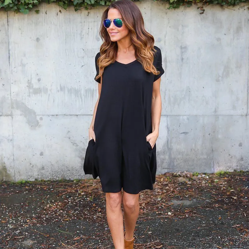 

European American Women Dress Casual Solid Color V-Neck Pocket Loose Robe Short Sleeve Casual Loose Cotton B Dresses Vestidos