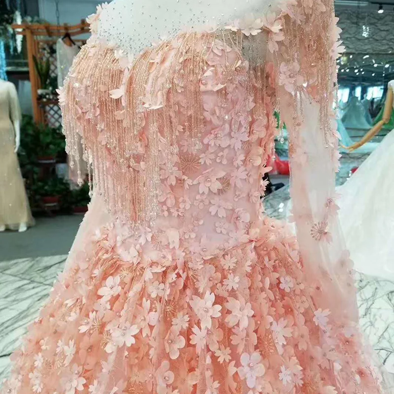 Розовые платья для девочек LSS197 с длинным тюлевым рукавом и круглым вырезом в пол