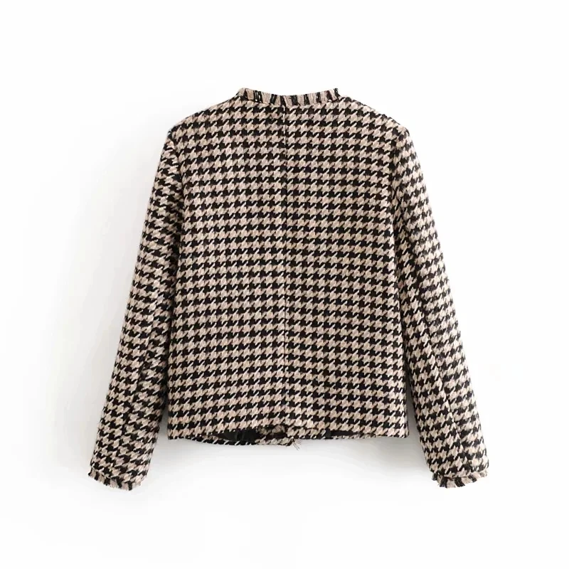 

Vintage V-Neck Long Sleeve Pocket Jacket Fashion Slim Pocket Plaid Warm Office Work Jacket Lady Casual Loose Chic Top