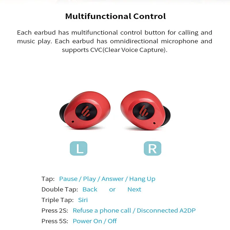 EDIFIER TWS2 Bluetooth V5.0 наушники вкладыши TWS с IPX4 до 12 часов проигрывания во время езды на