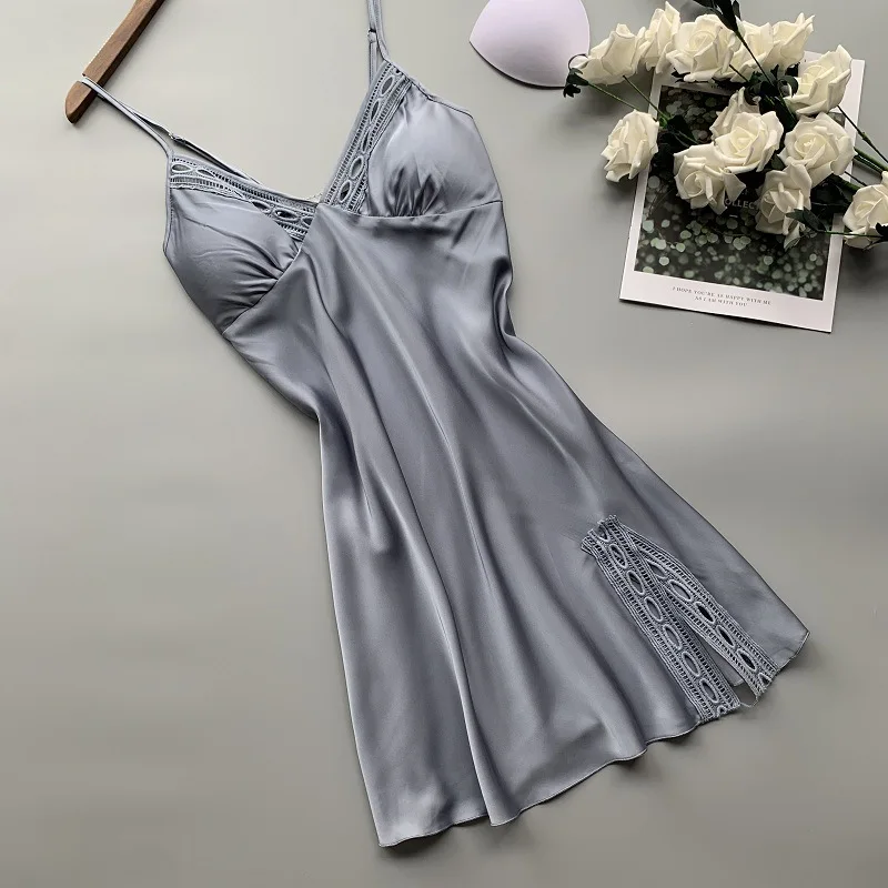 

Spring And Summer Satin Silk Suspender Nightdress Ladies Sexy With Chest Pad Gather Lace Pajamas Korea Home Service Sleepwear