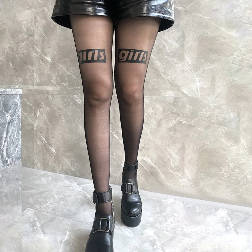 PUIMENTIUA Black Letter Tattoo Tights Women Nylon Transparent Sexy Stockings Sheer Footed Character Pantyhose Dance Club | Женская