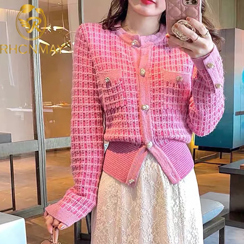 Кардиган женский вязаный с круглым вырезом и жемчужными пуговицами длинным