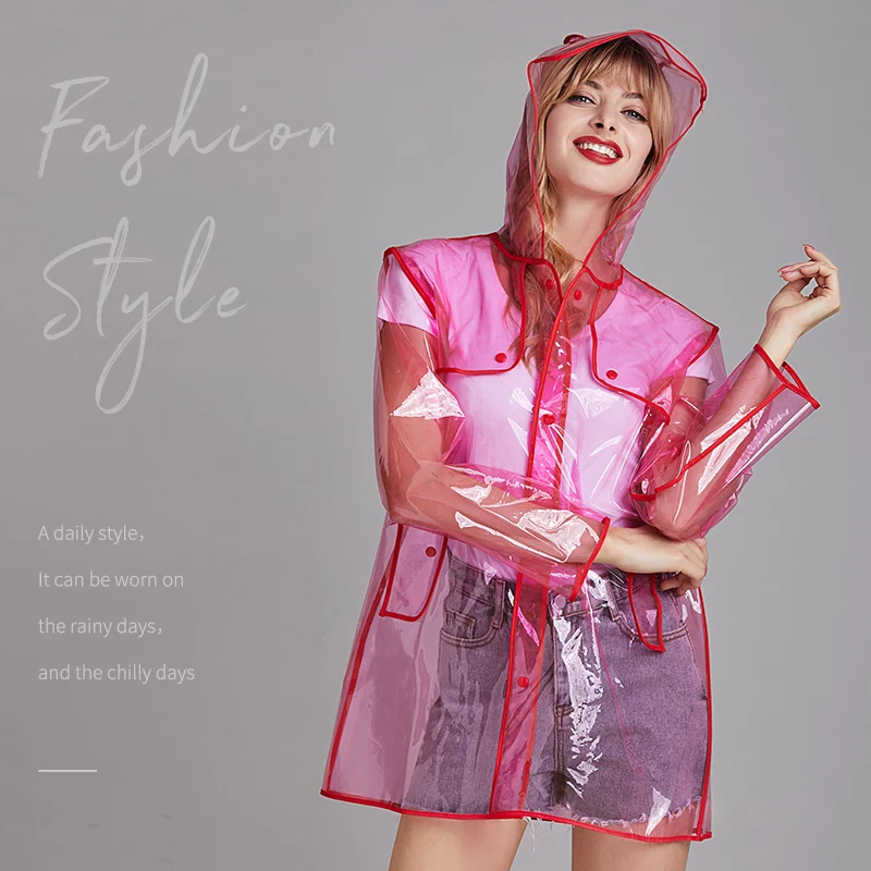 

PVC Plastic Pink Hooded Waterproof Long Trench Chic Pop Ins Fashion Raincoat Transaparent