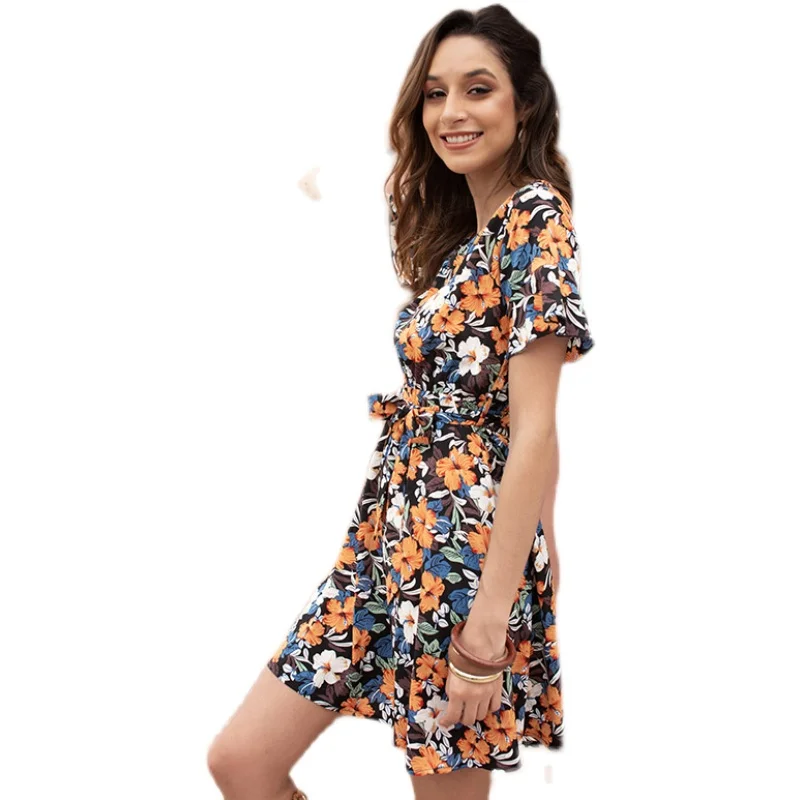 

2021Women's dresses casual sexy Vintage beach summer light sundress short sleeve dress