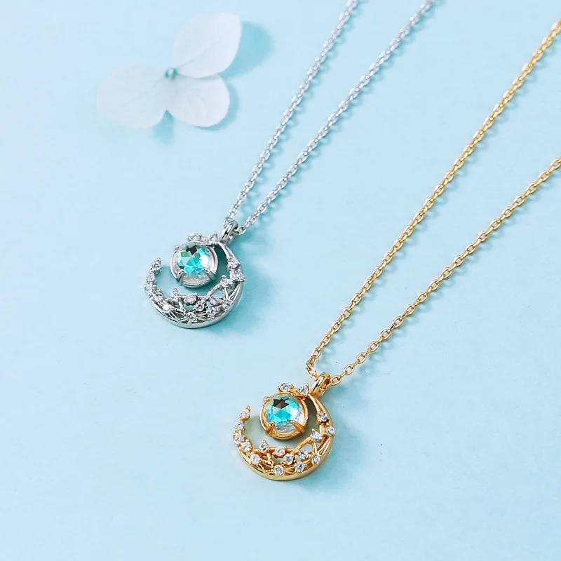 

Prevent allergy 925 Sterling Silver Crystal Moon Opal Round Charm Necklace For Women choker collares Wedding Party Jewelry dz275