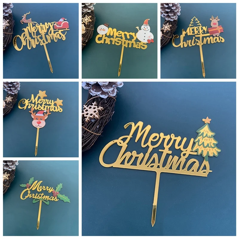 

Creative Merry Christmas Snowman Acrylic Cake Insert Card Santa Claus Elk Party Cake Decoration Christmas Plug-in Party Supplies