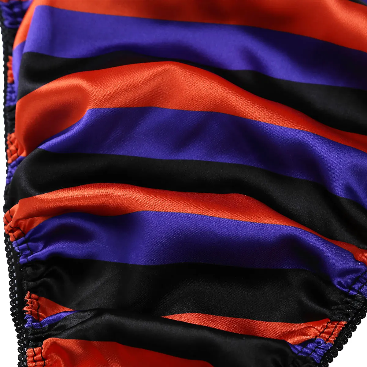 

TiaoBug Mens Lingerie Soft Shiny Satin Colorful Stripes Pattern Lace Trim Sissy High Cut Mini Briefs Underwear Panties