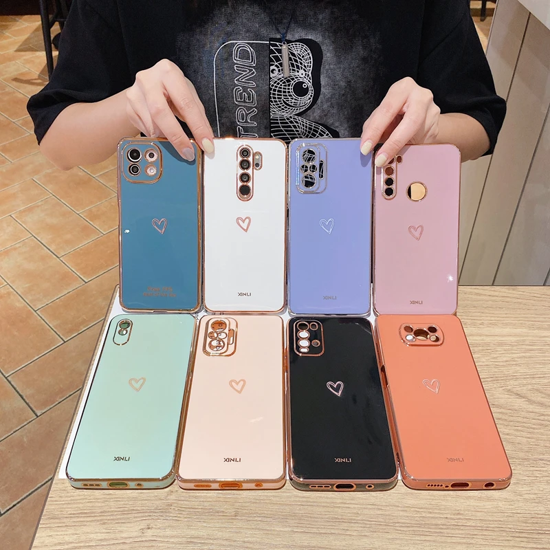 mirror love heart square plating phone case for xiaomi redmi note 10 9 7 8 pro max 10s 9s redmi 9 9a 9t 9c 10 note10 note8 cover free global shipping