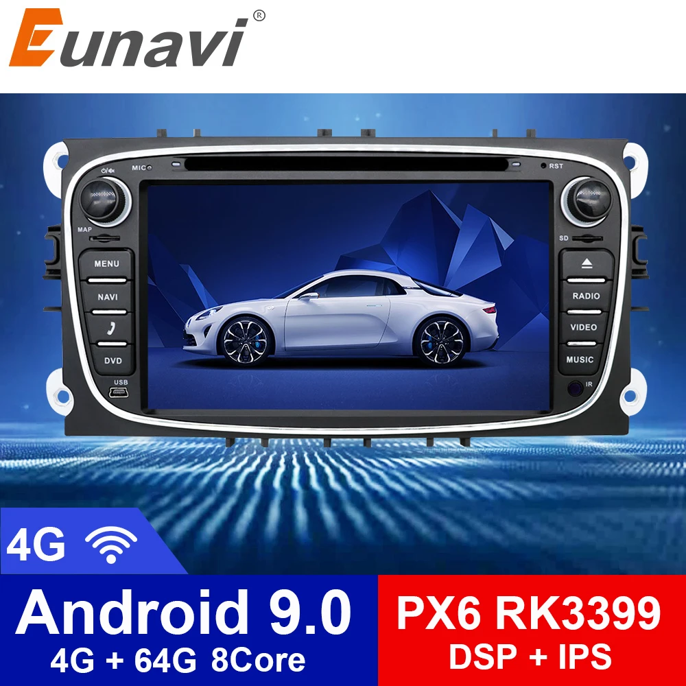 Автомобильный DVD плеер Eunavi 2 din Android 9 0 восемь ядер GPS Navi для Ford Focus Galaxy с аудио радио