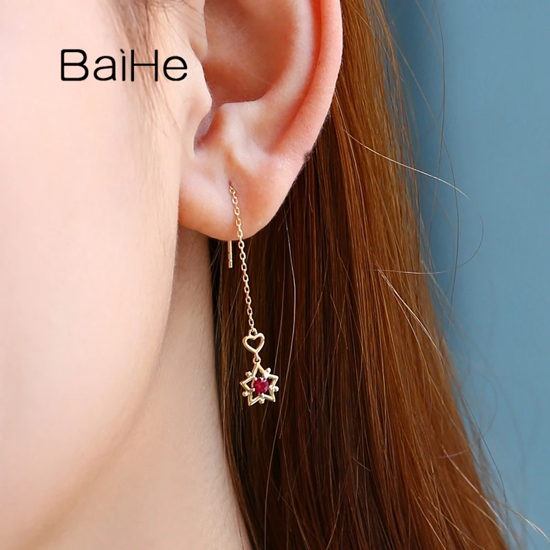 

BAIHE Solid 18K Yellow Gold 0.20ct Natural Ruby Earrings Women Wedding Engagement Trendy Fine Jewelry Tassel Star Stud Earrings