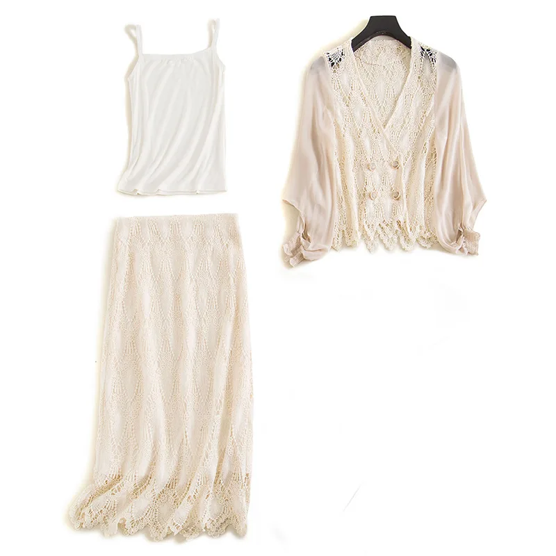 

Casual 3 Piece Set New Fashion Hollow Out Lace Cardigan + Camis + High Waist Skirt Set Holiday Beach Sun protection shirt Set