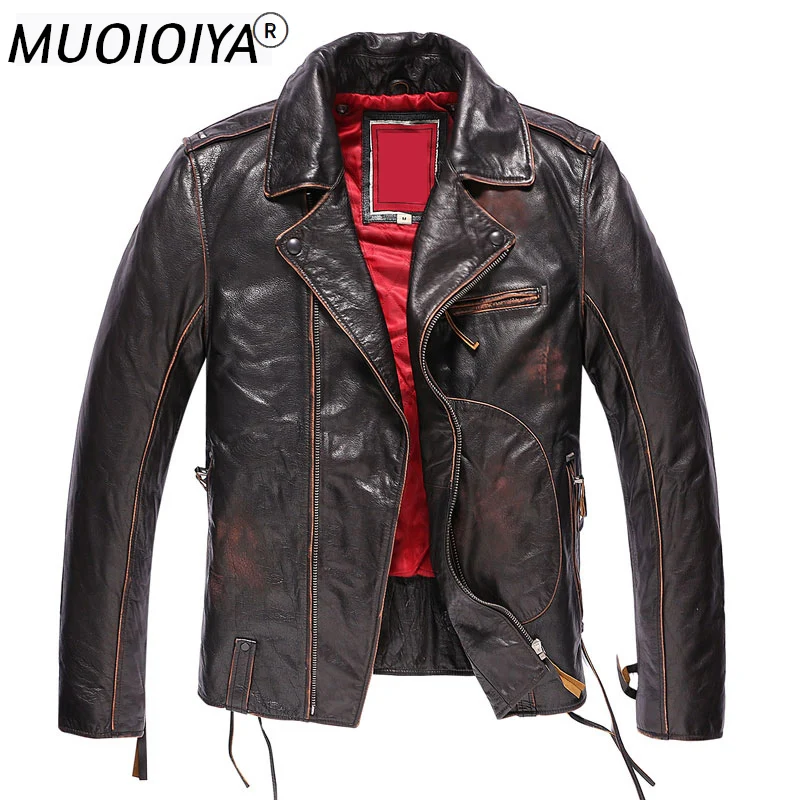 

New Original Pilot Leather Jacket Men Biker Real Genuine Motorcycle Male Vintage Jacket Red Lining Notch Lapel Collar