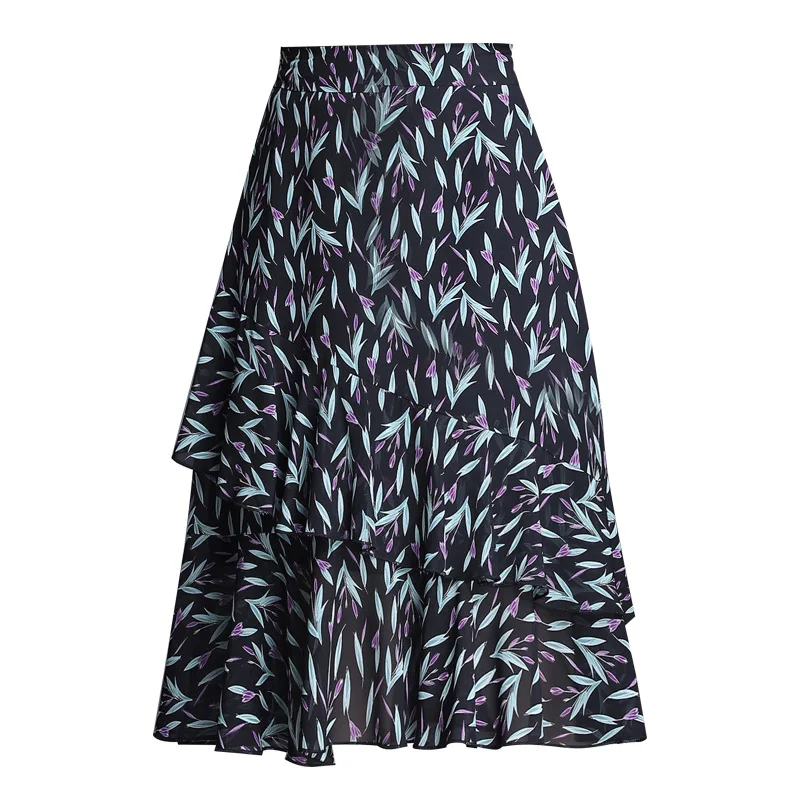 

2021SummerNew Retro Floral Chiffon Skirt High Waist Slim Simple Plus Size All-match Casual Women A-line Long Skirt Free Shipping