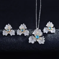 elegant trendy zircon flower petals jewelry sets for ladies luxury imitated emerald engagement jewelry birthday gifts for girl