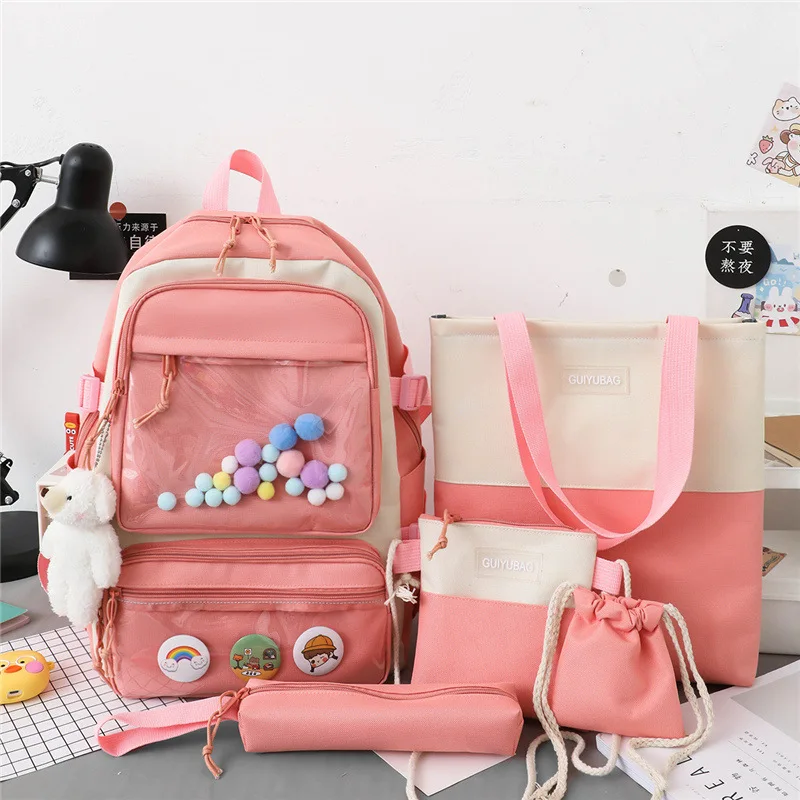 

Preppy Style 5Pcs/Set Canvas Women Backpacks School Bags for Teenage Girls Lovely Bookbag Student Travel Laptop Backpacks Female