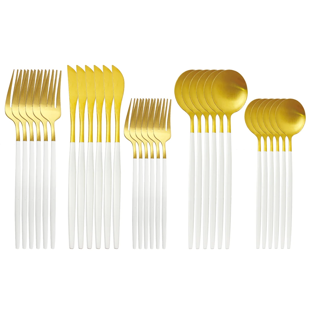 

30Pcs White Gold Cutlery Set Knife Dessert Fork Spoon Dinner Tableware Set Stainless Steel Dinnerware Set Kitchen Silverware Set
